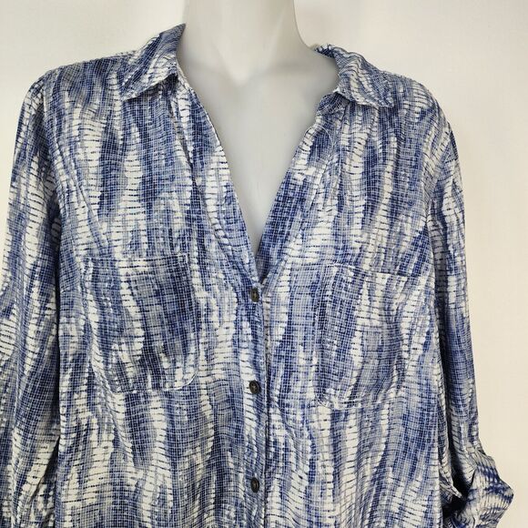 Rock & Republic Womens Tunic Top Medium Blue Button Long Roll Tab Sleeve Printed - Picture 3 of 8